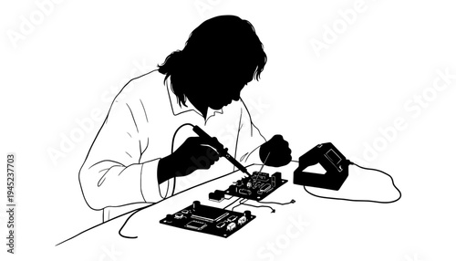 Technician soldering electronic components on a circuit board in a lab coat