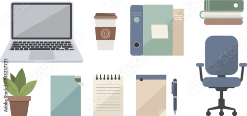 Flat design office supplies including a laptop, coffee cup, binders, books, potted plant, notebook, and chair