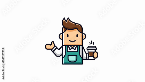 Friendly barista in an apron holding a steaming cup of coffee, smiling