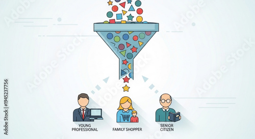 Targeted marketing funnel with diverse consumer profiles and colorful data flow