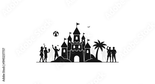 Summer Vacation Fun: Beach Castle, People, Palm Tree, and Beach Ball Silhouette