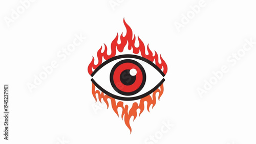 Fiery eye symbol with red and orange flames on white background