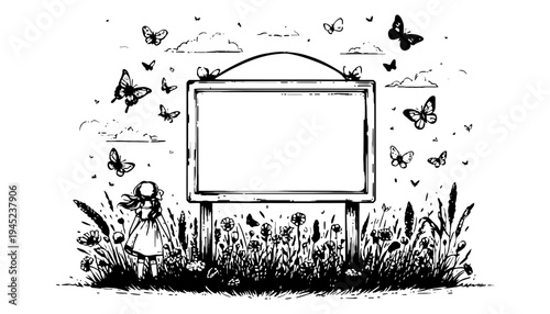 A girl standing next to a blank sign in a field with butterflies