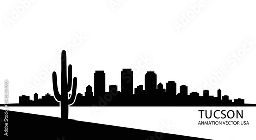 Tucson Skyline Silhouette with Saguaro Cactus, Arizona, USA