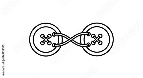 Two buttons connected by thread, sewing concept, DIY, craft, fashion, monochrome line art