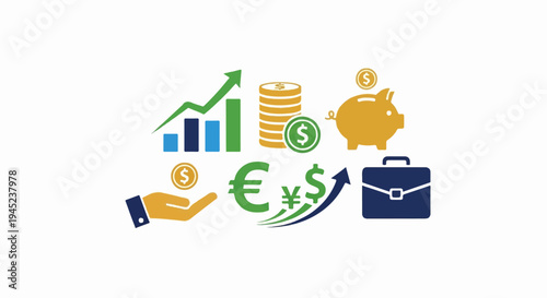 Financial icons chart, coins, piggy bank, hand, currency symbols, briefcase