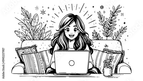Laptop vector illustration of a happy woman sitting on a cozy couch