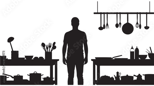 Silhouette of man in kitchen with cooking utensils and appliances vector