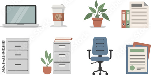 Flat design office supplies laptop, coffee cup, plants, folders, chair, filing cabinets