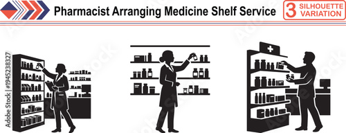 Pharmacist Arranging Medicine on Pharmacy Shelf, Concept of Professional Service and Health Care