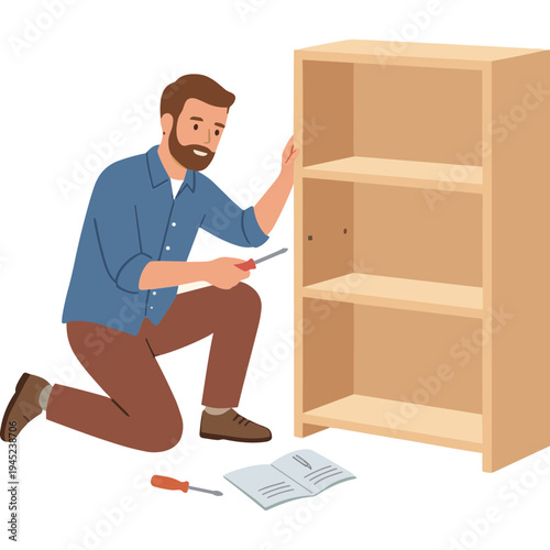 A man assembles furniture with a screwdriver in a workshop setting near a bookshelf.