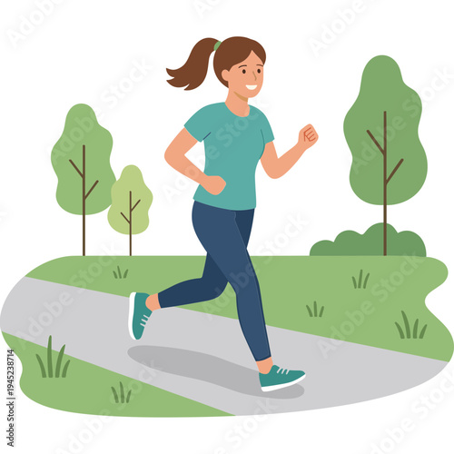 Woman runs on path in park with trees and grassy areas nearby.