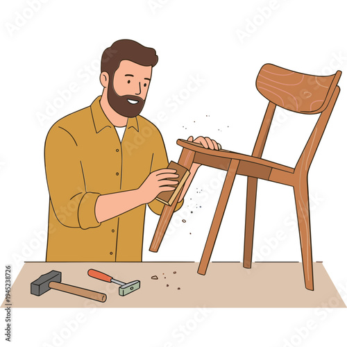 A man is assembling a chair with a hammer and sanding tool in a workshop.