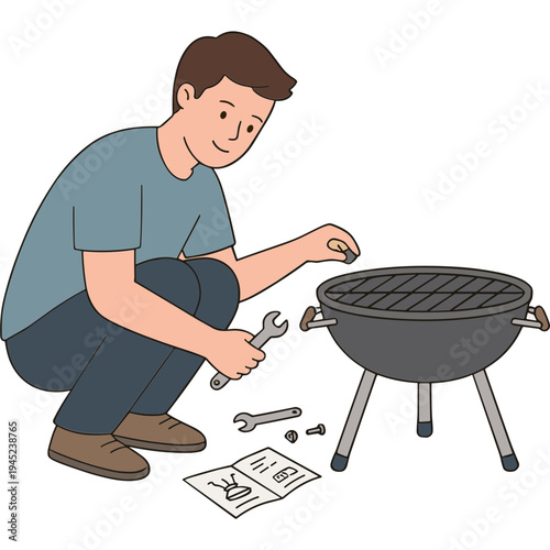 Man fixing barbecue grill with tools and instruction manual nearby outdoors