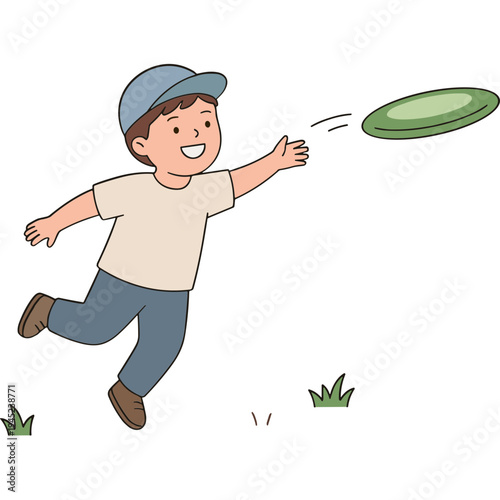 A boy in a blue cap runs to catch a green frisbee outdoors.