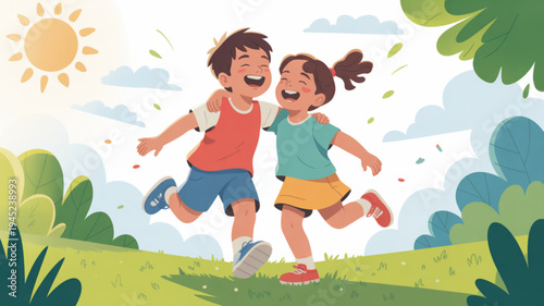 Two happy children running together outdoors in sunshine on green grass with trees