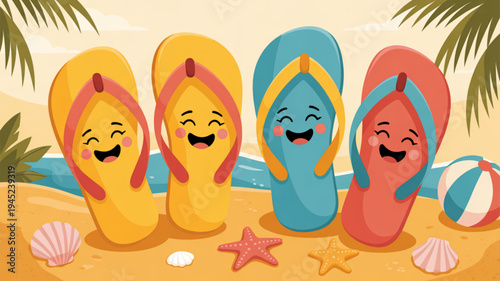 Smiling flip flops on a sunny beach with seashells and starfish summer vacation feeling