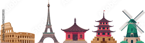 Illustrated global architecture landmarks including Colosseum, Eiffel Tower, Chinese temple, pagoda, and Dutch windmill showcasing diverse cultural heritage, iconic world monuments, and international 