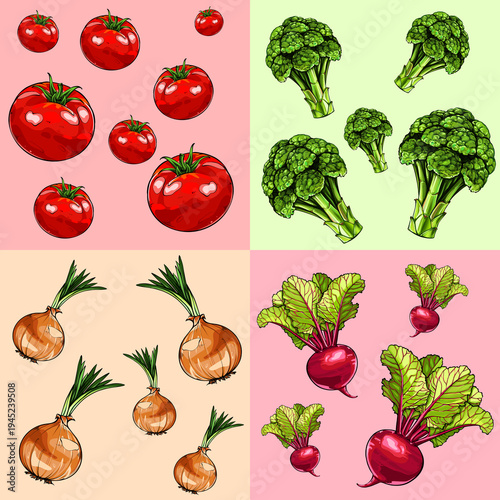 Vegetable poster on a colored background. vegetables - tomato, broccoli, onion, and beetroot. Digital illustration.