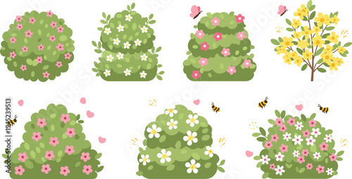 Flowering Bushes and Trees with Bees, Butterflies, and Vibrant Blooms for Garden, Landscaping, and Nature-Inspired Design Projects