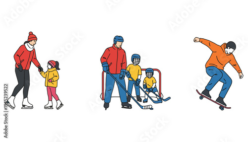 Skateboarders and ice skaters in action with colorful illustrations