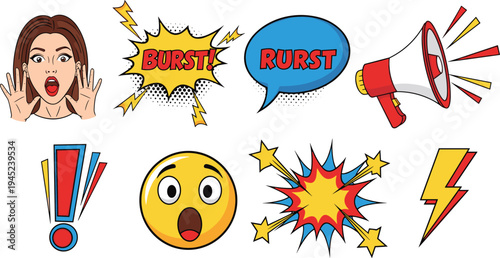 Comic Pop Art Speech Bubble and Explosion Vector Set with Megaphone Lightning Shocked Emoji Woman Shouting and Comic Sound Effects Illustration