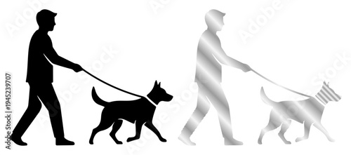 Person walking a dog on a leash, represented as black and silver silhouettes