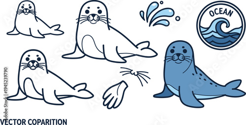 Cute Cartoon Seal Character Collection with Ocean Splash, Marine Mammal Poses, Flippers and Sea Animal Elements Vector Illustration Set