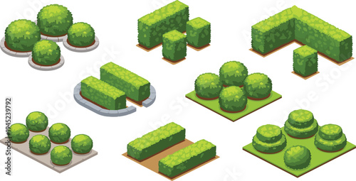 Isometric Style Hedges and Bushes Set with Geometric Shapes for Garden, Landscaping, and Outdoor Design Projects