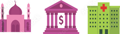 Vector illustration of mosque, bank, and hospital buildings with domes, minarets, columns, dollar sign, red cross, and architectural details representing religious, financial, and healthcare instituti