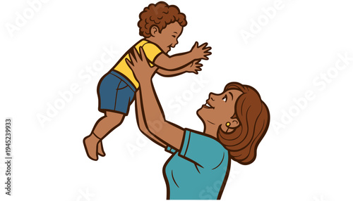 A mother holding her baby up in the air with joy