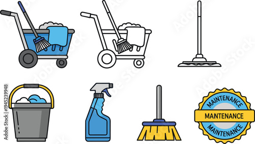 Cleaning Service Equipment Vector Set with Mop Bucket Janitor Cart Spray Bottle Floor Mop and Maintenance Tools Illustration