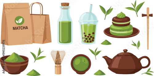 Matcha Tea Vector Set Featuring Green Tea Powder, Teapot, Whisk, Bottle, Bubble Drink and Matcha Dessert Elements