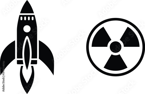 Rocket and nuclear hazard silhouette, minimalist black icon depicting rocket alongside nuclear warning symbol for military, safety, and hazard awareness graphics.