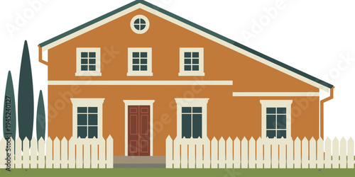  Classic suburban house illustration with gable roof, orange facade, cream trim, picket fence, evergreen trees, and green lawn showcasing residential architecture and home exterior design inspiration.