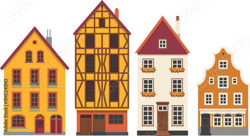 Traditional European architecture illustration featuring German half‑timbered house, Dutch stepped gable building, and classic residential facade with decorative windows, colorful design, and cultural