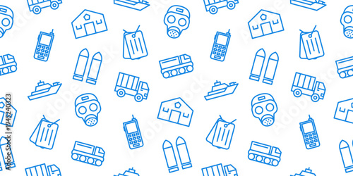 Seamless military pattern with gas mask, ammunition, tank, walkie talkie, and dog tags. Tactical army doodle for gear and prints