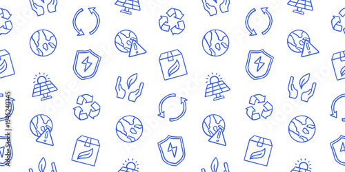 Seamless ecology pattern with solar panels, recycling symbols, eco box, energy shield, and earth globe icons for sustainability