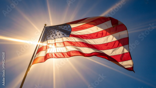 American flag waving in the wind with sunburst symbolizing freedom and patriotism outdoors
