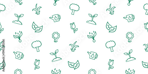 Seamless gardening pattern with hand drawn plant icons, watering can, leaves, flowers, broccoli, and sprouts for eco nature designs