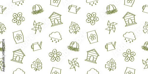 Seamless gardening pattern with hand drawn icons of flower, watering can, greenhouse, rain cloud, seed pack and garden leaves