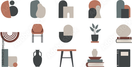 Collection of abstract shapes and minimalist objects, rendered in muted tones