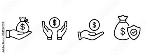 Hand holding money bag outline icon set featuring financial insurance and profit for business investment and more vector illustration or editable stroke