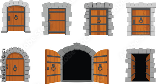 Set of eight medieval wooden doors with stone arch frames, metal reinforcements, knockers, and open entrances, ideal for castle architecture, dungeon design, and educational projects.