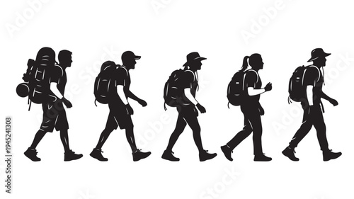 Set of 5 hiking backpacker silhouettes vector