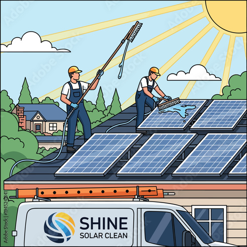 Two workers cleaning solar panels on a roof with a house and trees