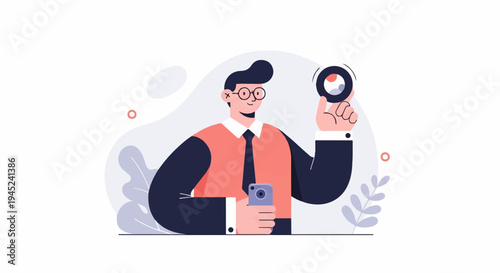 Man in suit holding phone, examining circular graph with magnifying glass