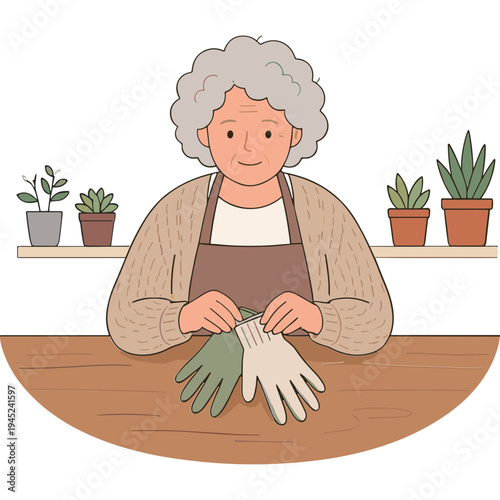 An elderly woman wearing gardening gloves sits at a table with plants.