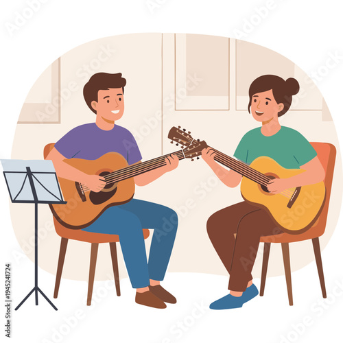 Two musicians play acoustic guitars while sitting in a room