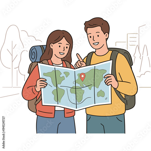 Couple planning travel adventure with map in hand outdoors